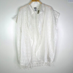 J Crew NWT Eyelet Short Sleeve Fringe Hem White Top Size XS-S #B1827‎